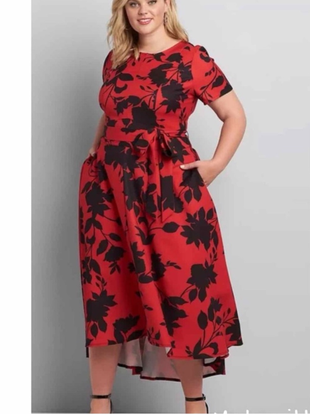 Lane Bryant Lena Red Midi Dress Black Floral Print high low sz 14 short sleeve